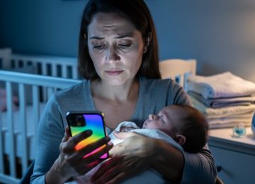 Sleep-deprived new mother in a dim nursery holding a sleeping infant and looking at a glowing smartphone, with a softly blurred crib and baby monitor light in the background.