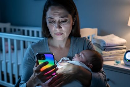 Sleep-deprived new mother in a dim nursery holding a sleeping infant and looking at a glowing smartphone, with a softly blurred crib and baby monitor light in the background.
