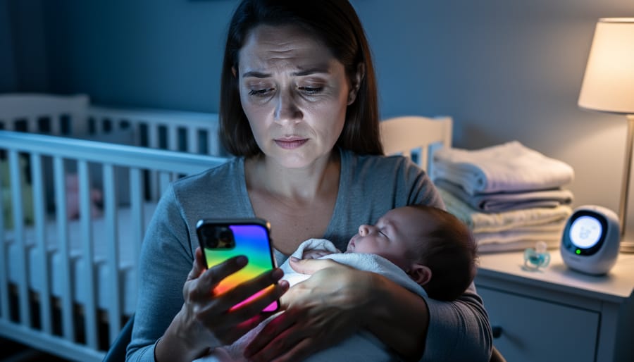 Sleep-deprived new mother in a dim nursery holding a sleeping infant and looking at a glowing smartphone, with a softly blurred crib and baby monitor light in the background.