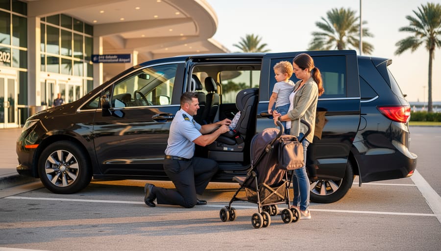 Driver kneeling to securely install a rear-facing convertible car seat in a black private shuttle van at an airport curb, with a parent holding a toddler and a stroller beside them, glass terminal and palm trees softly blurred in the background.