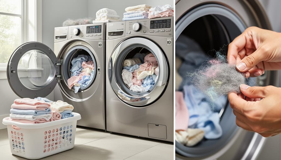 Mother folding clean baby clothes next to dryer in modern laundry room