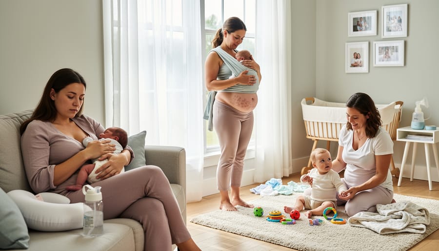 Diverse group of mothers with babies connecting and sharing experiences in park setting