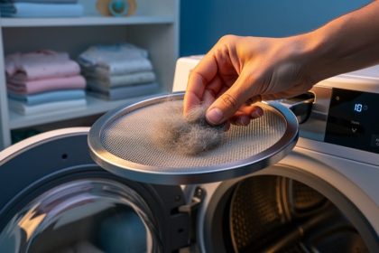 Parent hand removing gray lint from a dryer lint screen over an open dryer door, with folded baby onesies and a pacifier softly blurred in the background.