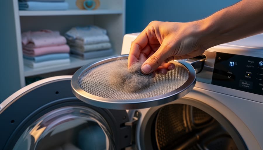 Parent hand removing gray lint from a dryer lint screen over an open dryer door, with folded baby onesies and a pacifier softly blurred in the background.