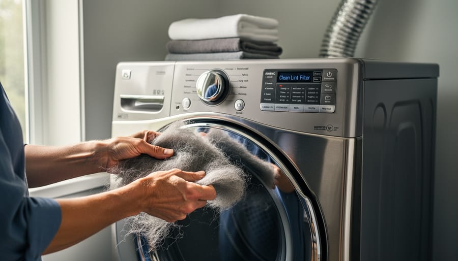 Hand removing accumulated white lint from dryer lint trap