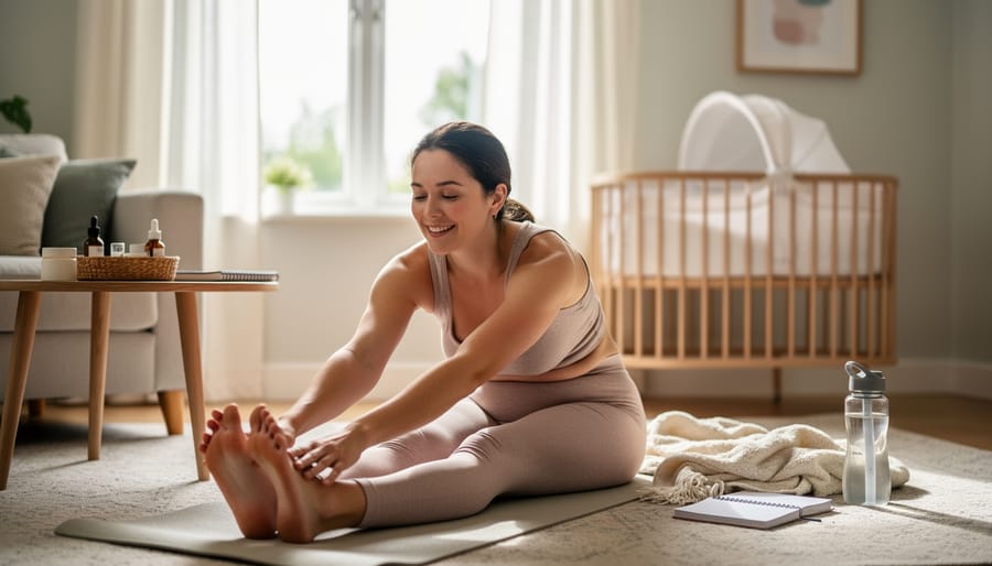 Mother doing gentle stretching exercises on yoga mat with baby nearby