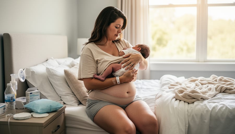 New mother holding sleeping newborn baby in peaceful nursery setting