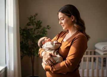 Postpartum mother in comfortable clothes holding her newborn by a softly lit bedroom window, with a blurred crib, houseplant, and folded blankets in the background, conveying a calm and reassuring mood.