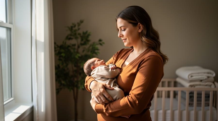 Postpartum mother in comfortable clothes holding her newborn by a softly lit bedroom window, with a blurred crib, houseplant, and folded blankets in the background, conveying a calm and reassuring mood.