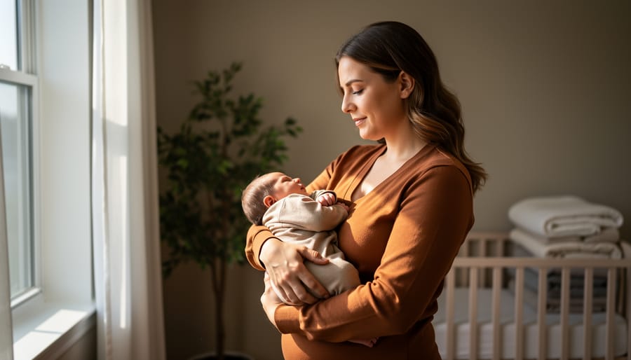 Postpartum mother in comfortable clothes holding her newborn by a softly lit bedroom window, with a blurred crib, houseplant, and folded blankets in the background, conveying a calm and reassuring mood.